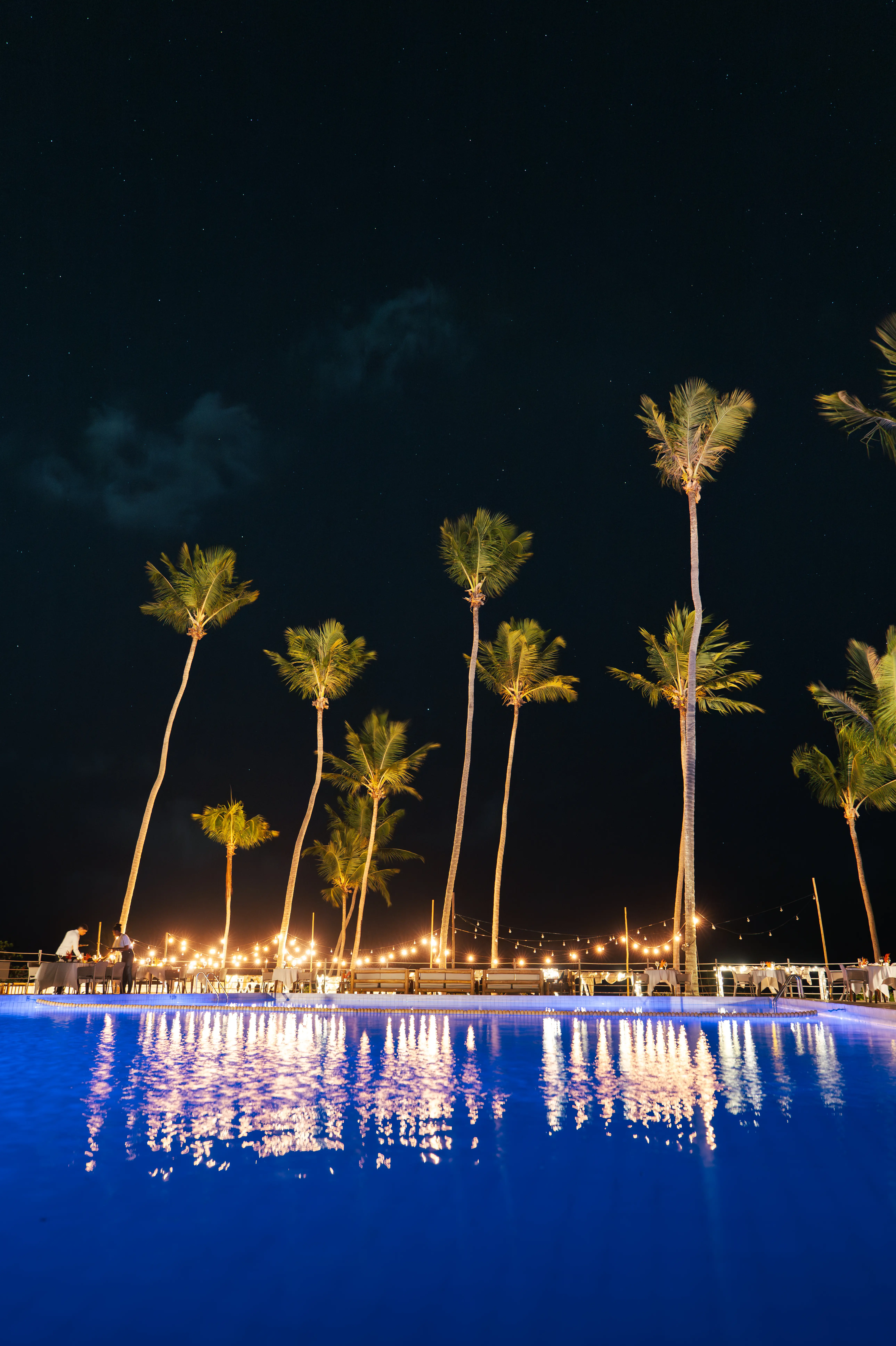 Coqueiros iluminados no Vivari Beach Club durante a noite