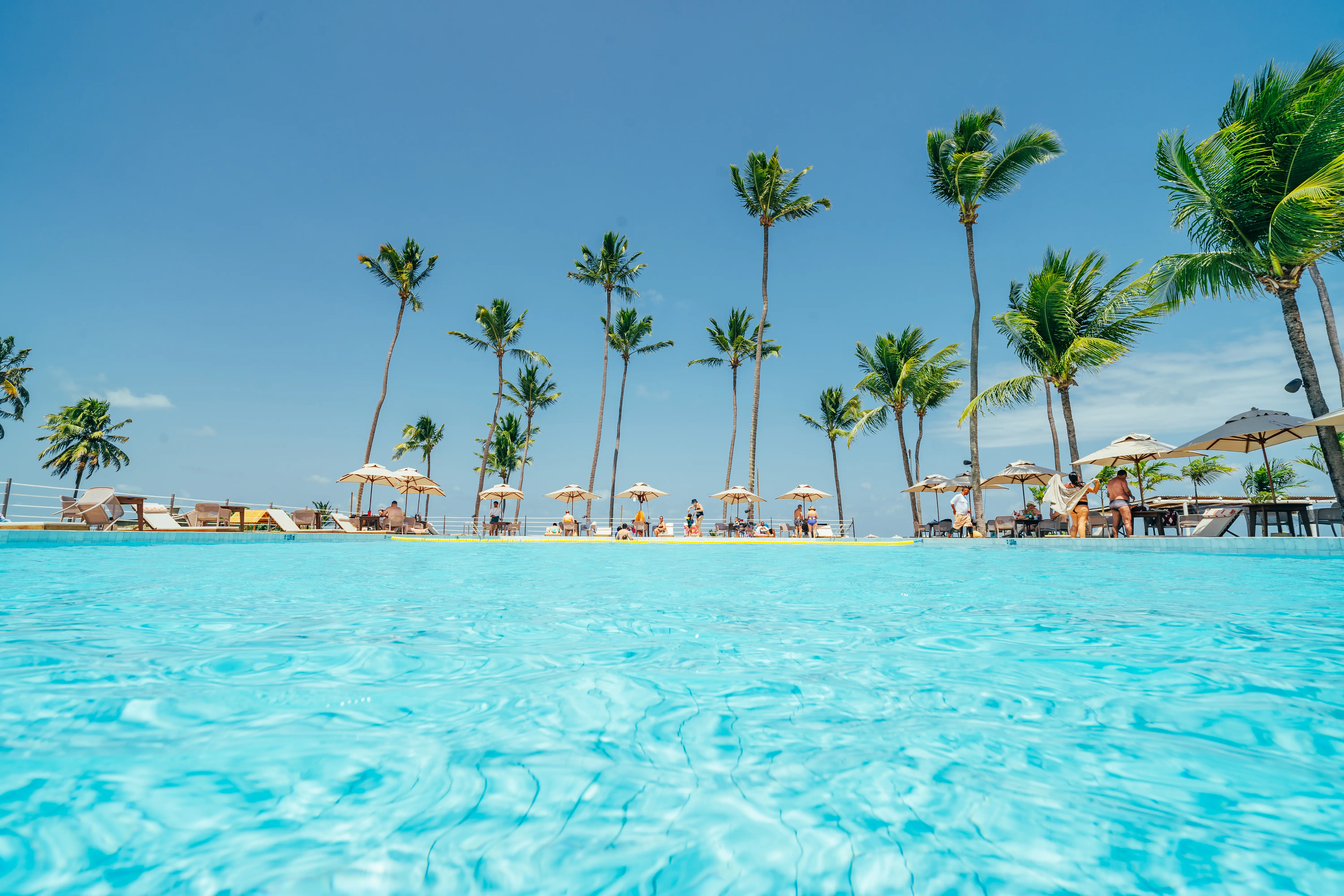 Vista interna da piscina e dos coqueiros do Vivari Beach Club