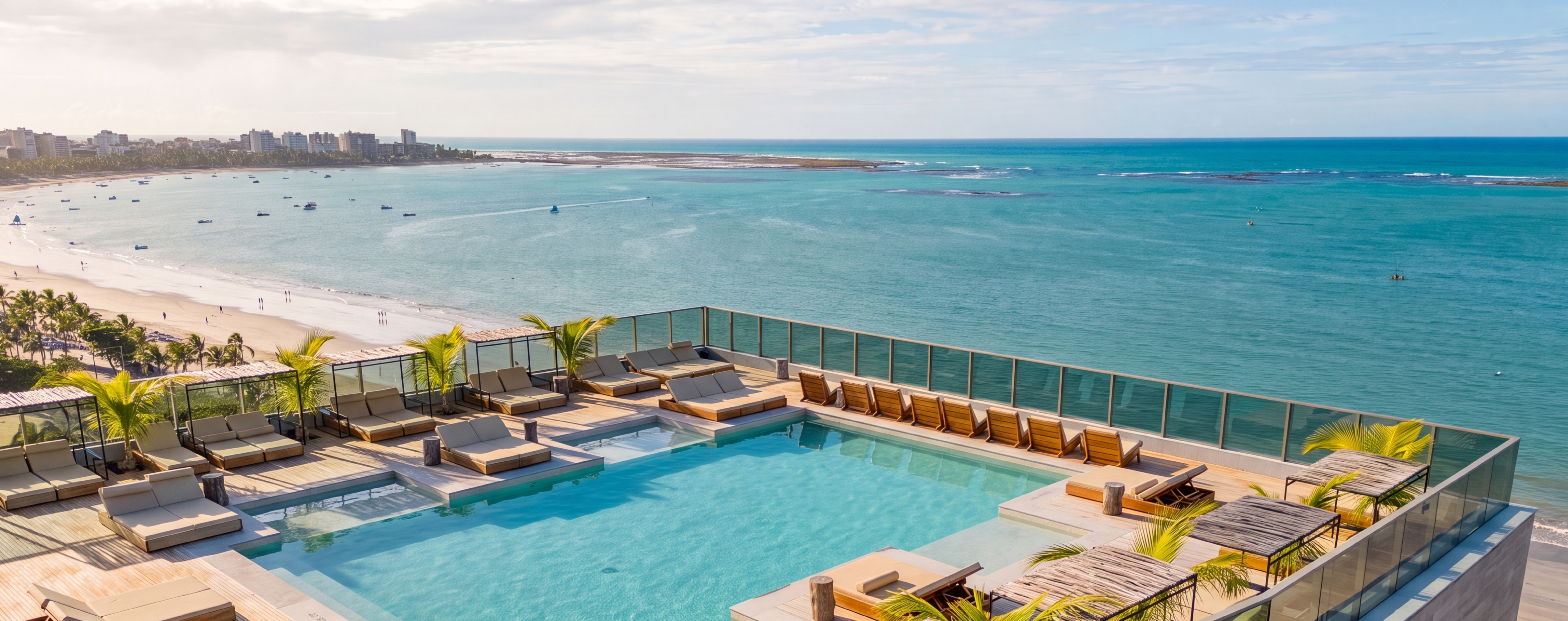 Piscina do rooftop do Sais Beach Living vista do alto, com as piscinas naturais da Pajuçara ao fundo